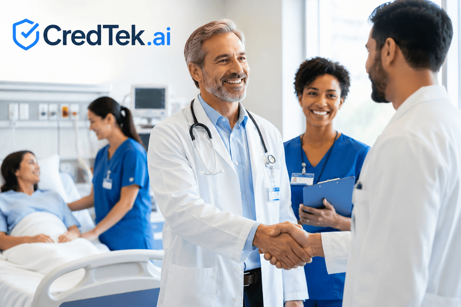 A physician greeting a colleague on a hospital unit